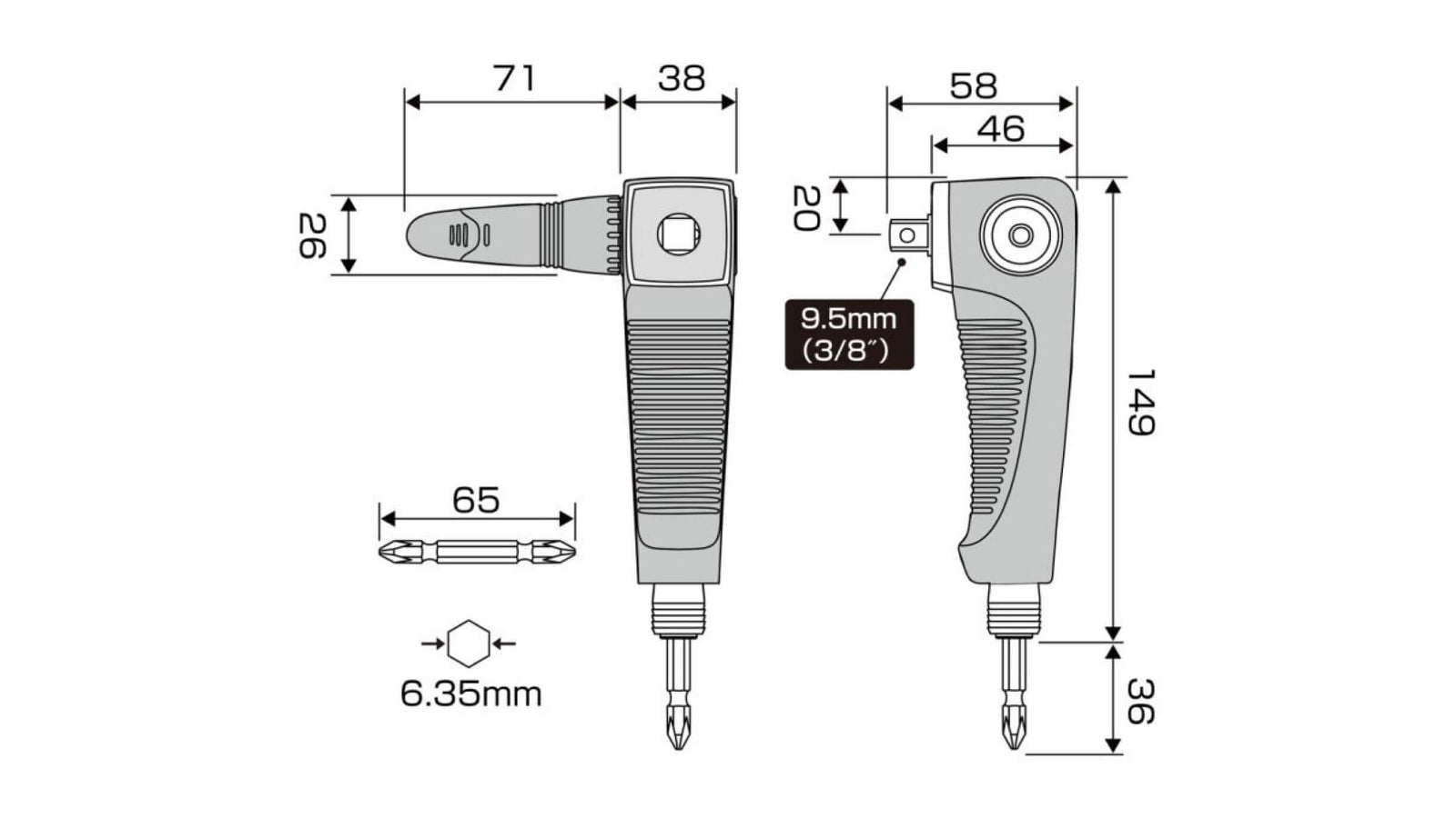 ANEX ソケット用　強靭L型アダプター　9.52mm（3/8”） 【ANEX_AKL-603】